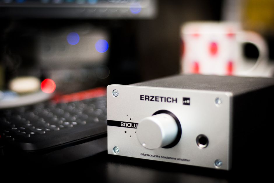 A dedicated headphone amplifier on a studio desk