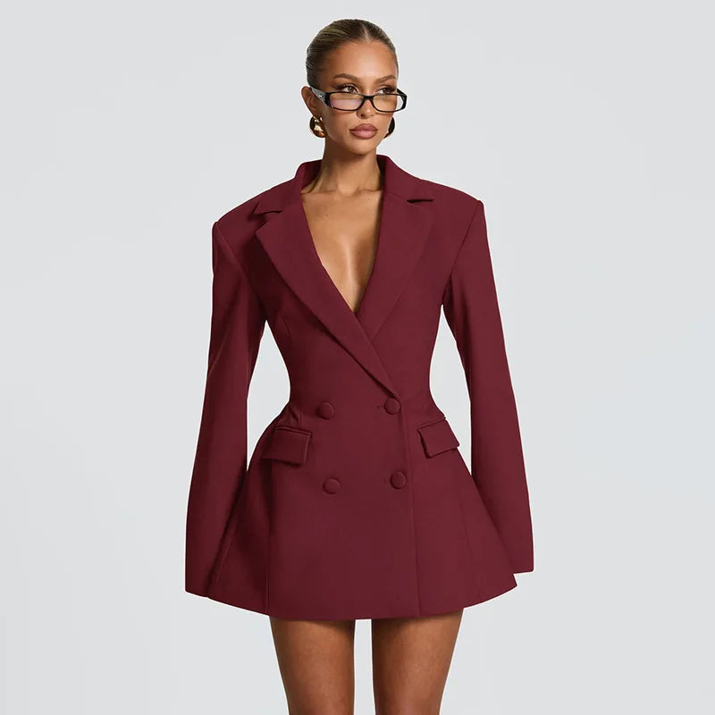 Model wearing Litlookz Studio's maroon V Neck Blazer Dress