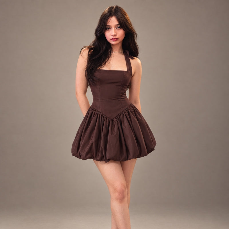 Model wearing the brown Y2K Halter Bubble Mini Dress from Litlookz Studio