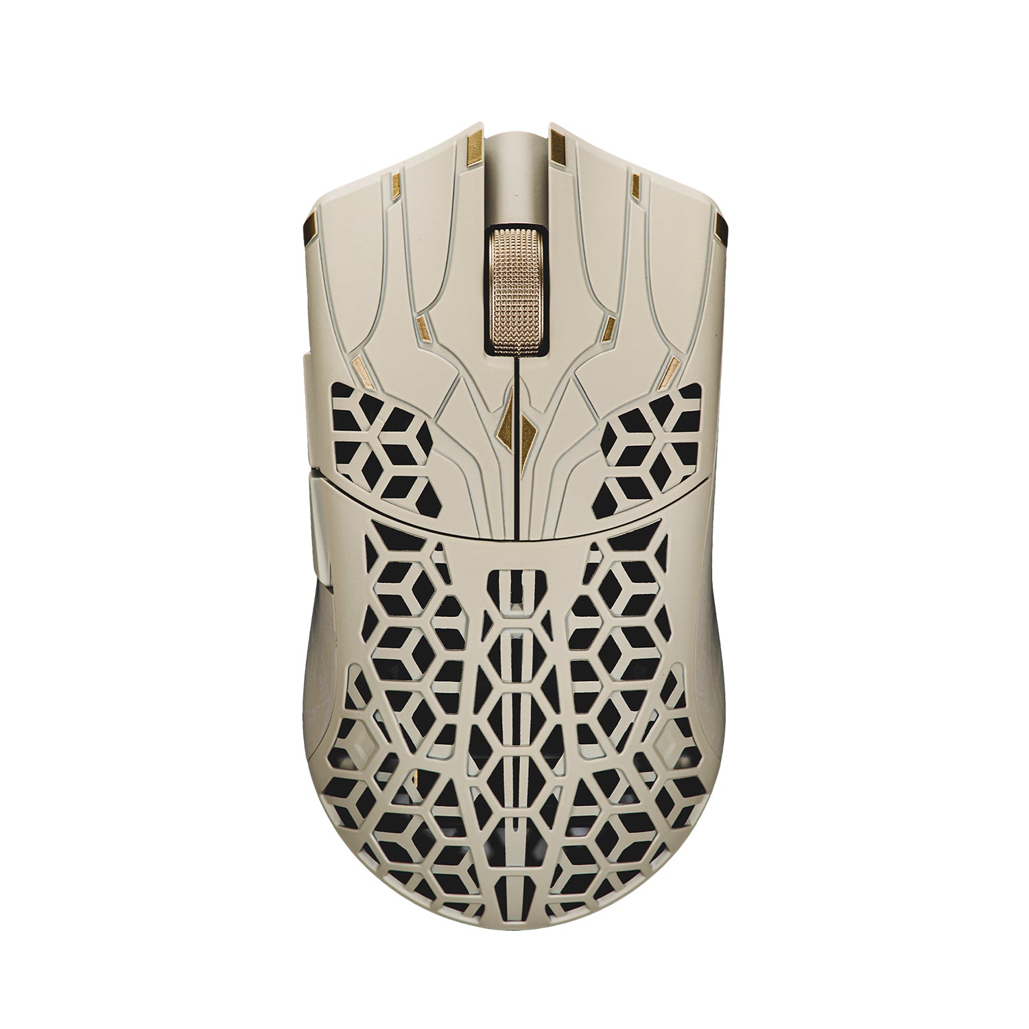 ATK Blazing Sky Phantom carbon-fiber composite gaming mouse with a hexagonal cutout shell in a gold and beige colorway
