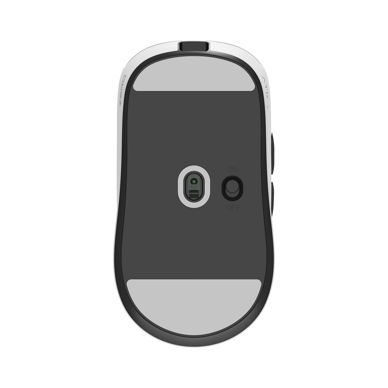 Underside of the ATK Blazing Sky Zero mouse showing its PAW3950 Ultra sensor and on/off switch