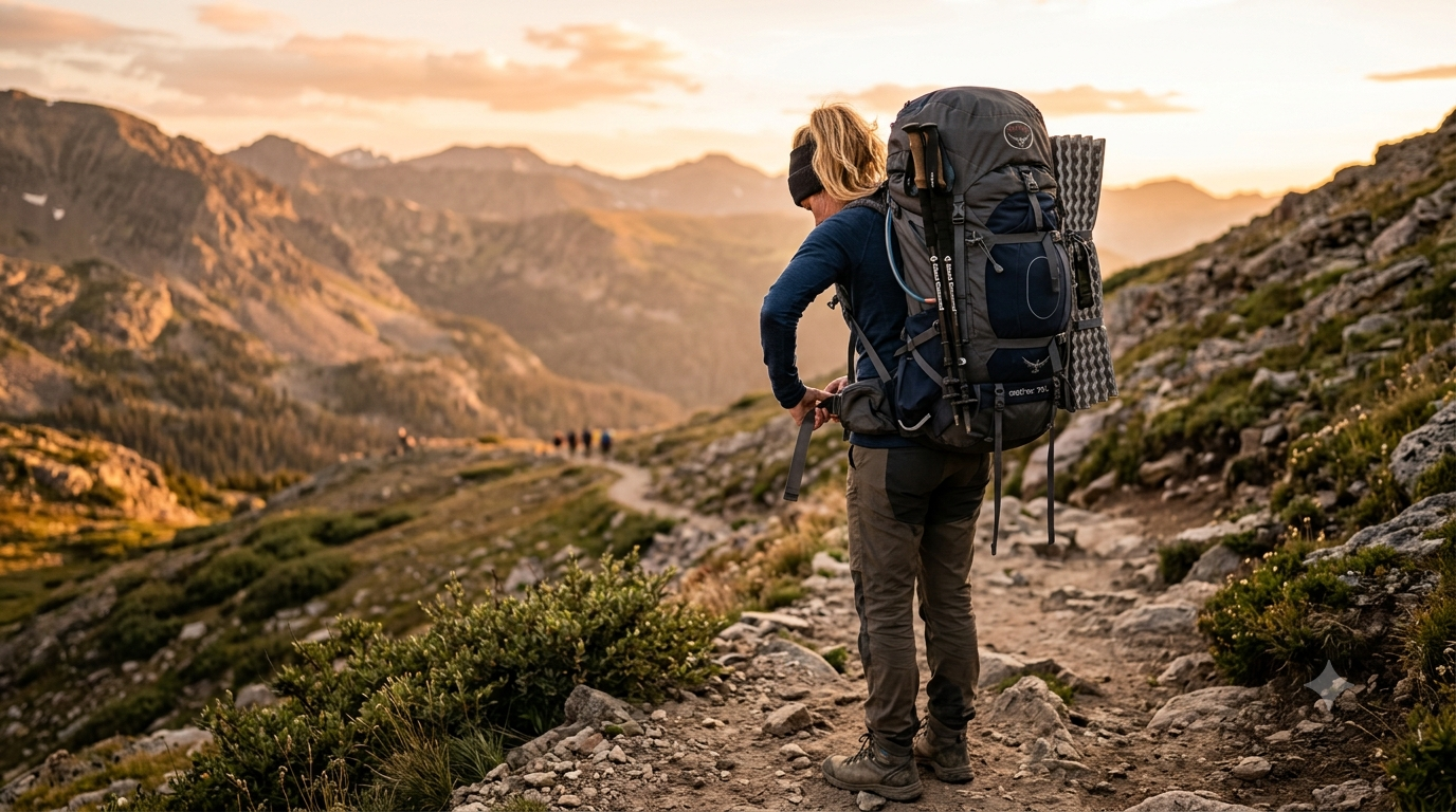 Hiker adjusting backpack straps for a proper fit