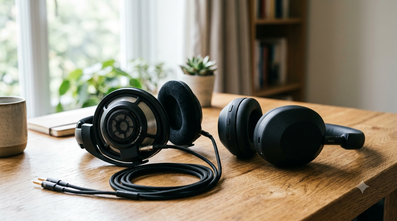 Wired headphones next to wireless headphones